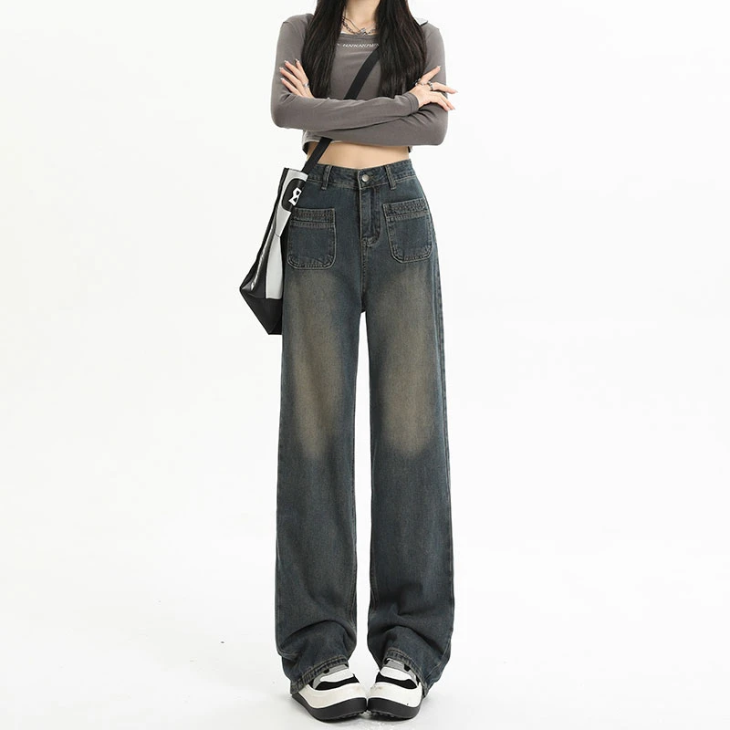 2025年春季新款爆款高腰宽松水泥灰小个子阔腿牛仔裤女春秋复古
