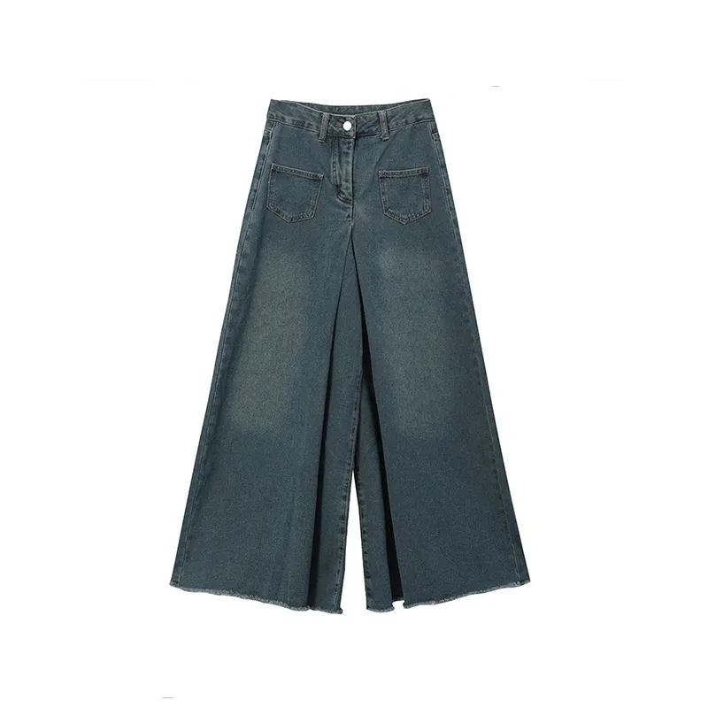 【丸子高定】蓝色宽松牛仔裤裙女复古高腰设计感拖地时尚休闲夏季