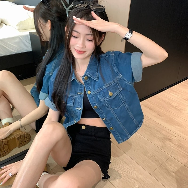 小个子复古短袖牛仔外套新款夏季小众设计感宽松短款上衣水洗气质