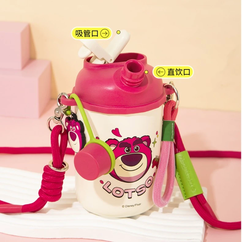 迪士尼双饮保温杯喷陶不锈钢直饮吸管歪嘴壶斜跨杯
