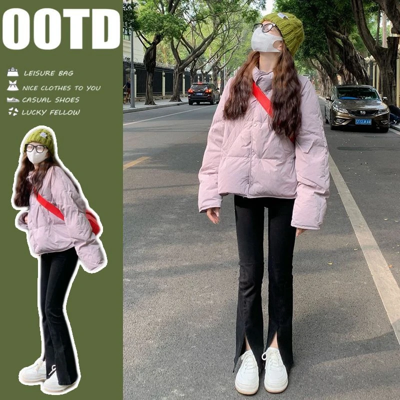 新款款冬季加厚短款羽绒时尚软糯风女学生面包服香芋紫宽松立领款