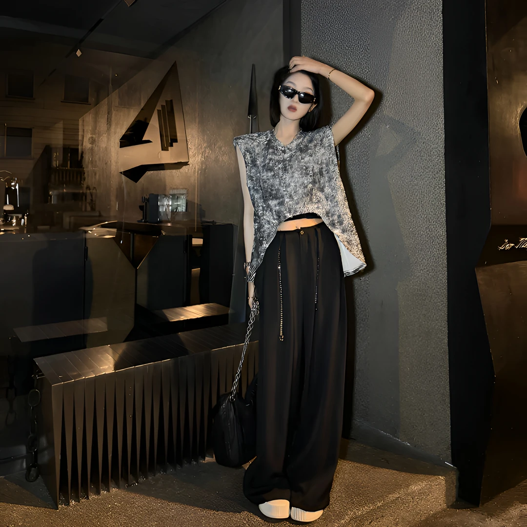 邓蕾婷【韵染】显瘦时尚休闲夏季宽松设计感无袖炸街复古T恤