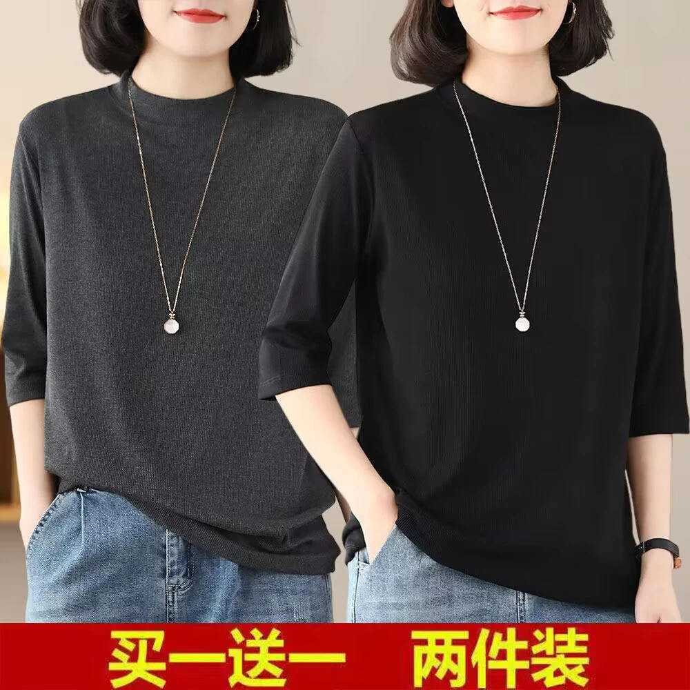 复古风螺纹2023年新款夏季短袖女大码纯色宽松半高领百搭半袖简约