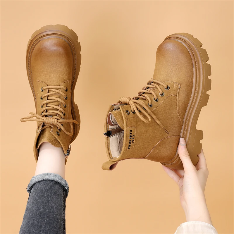 大黄靴户外机车炸街真皮厚底马丁靴女2024新款秋季英伦风增高短靴