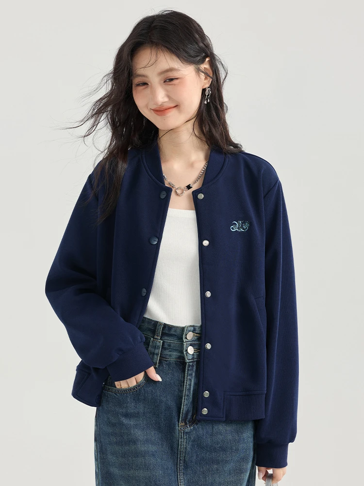 深蓝色棒球服女薄款外套2025秋季新款开衫宽松百搭上衣立领外套冬