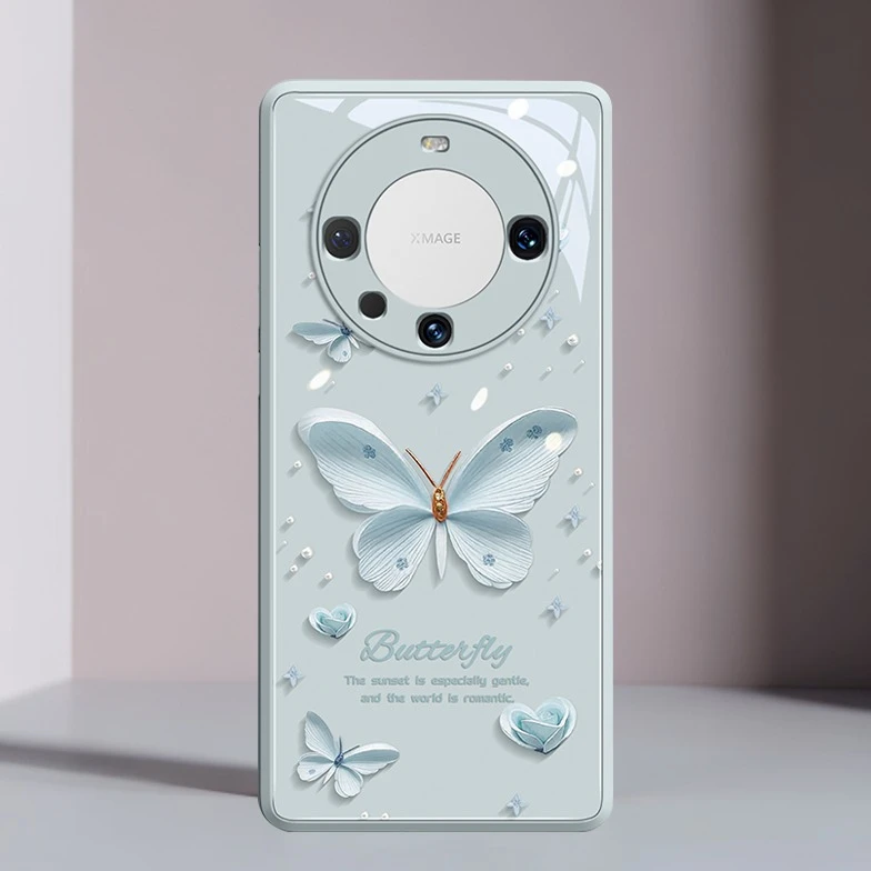 适用华为mate60pro镜头全包玫瑰mata60液态玻璃手机壳蝴蝶保护套