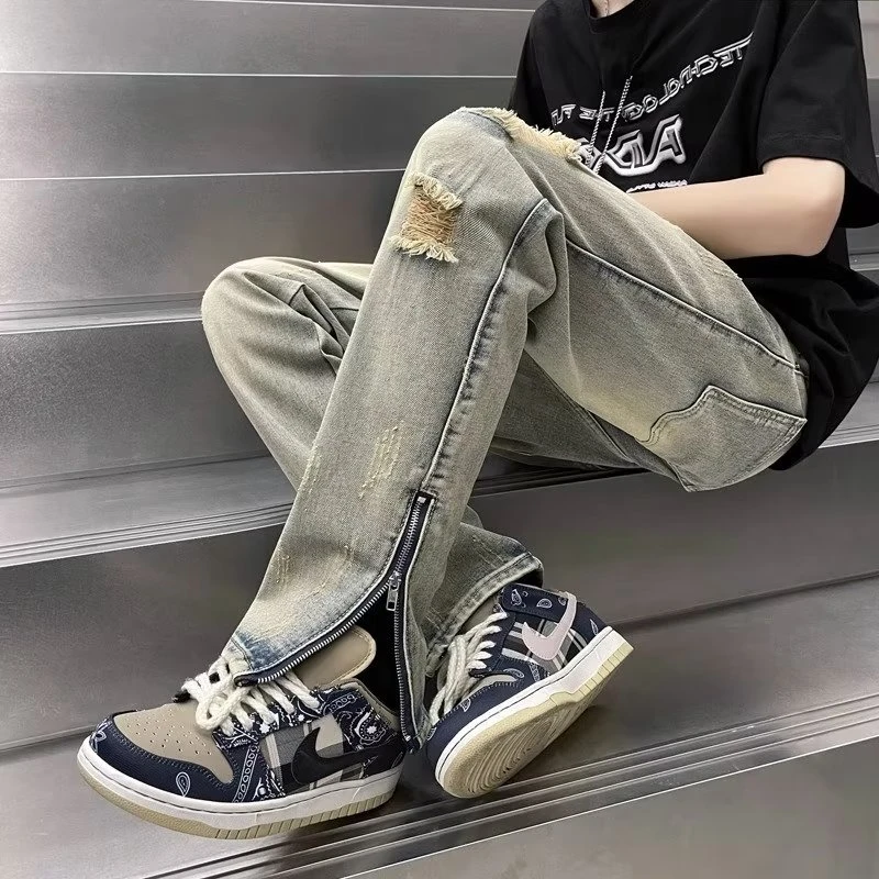 美式高街潮牌流行破洞牛仔裤男春夏款宽松设计感开叉复古牛仔裤子