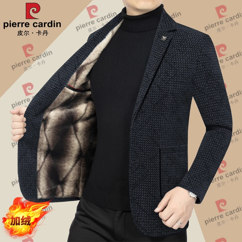 皮尔卡丹秋冬季加绒加厚西装男外套高档商务休闲西服上衣免烫保暖