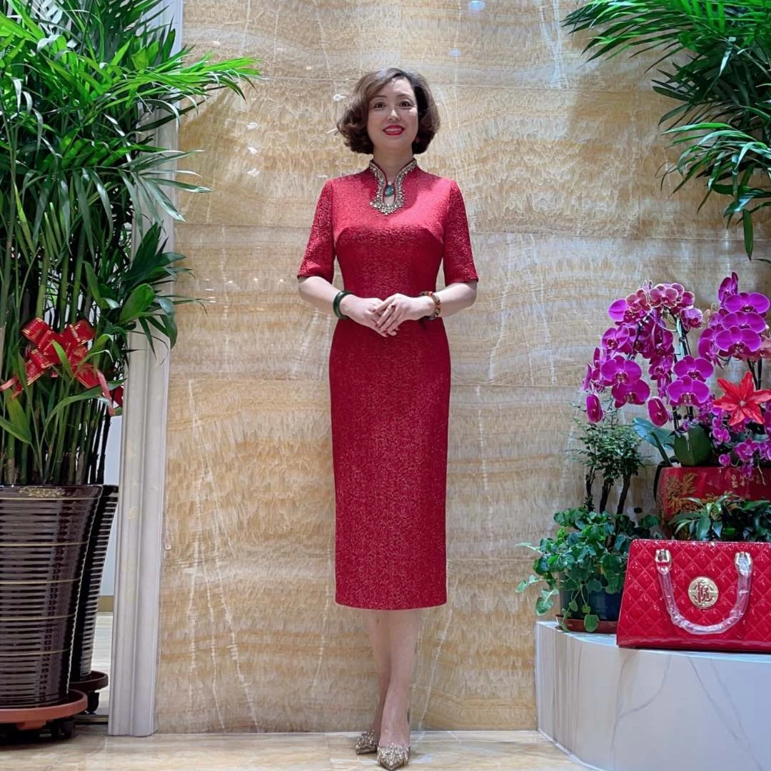 锦上添花17853酒红色高端礼服气质优雅显瘦修身国风婚礼中长款