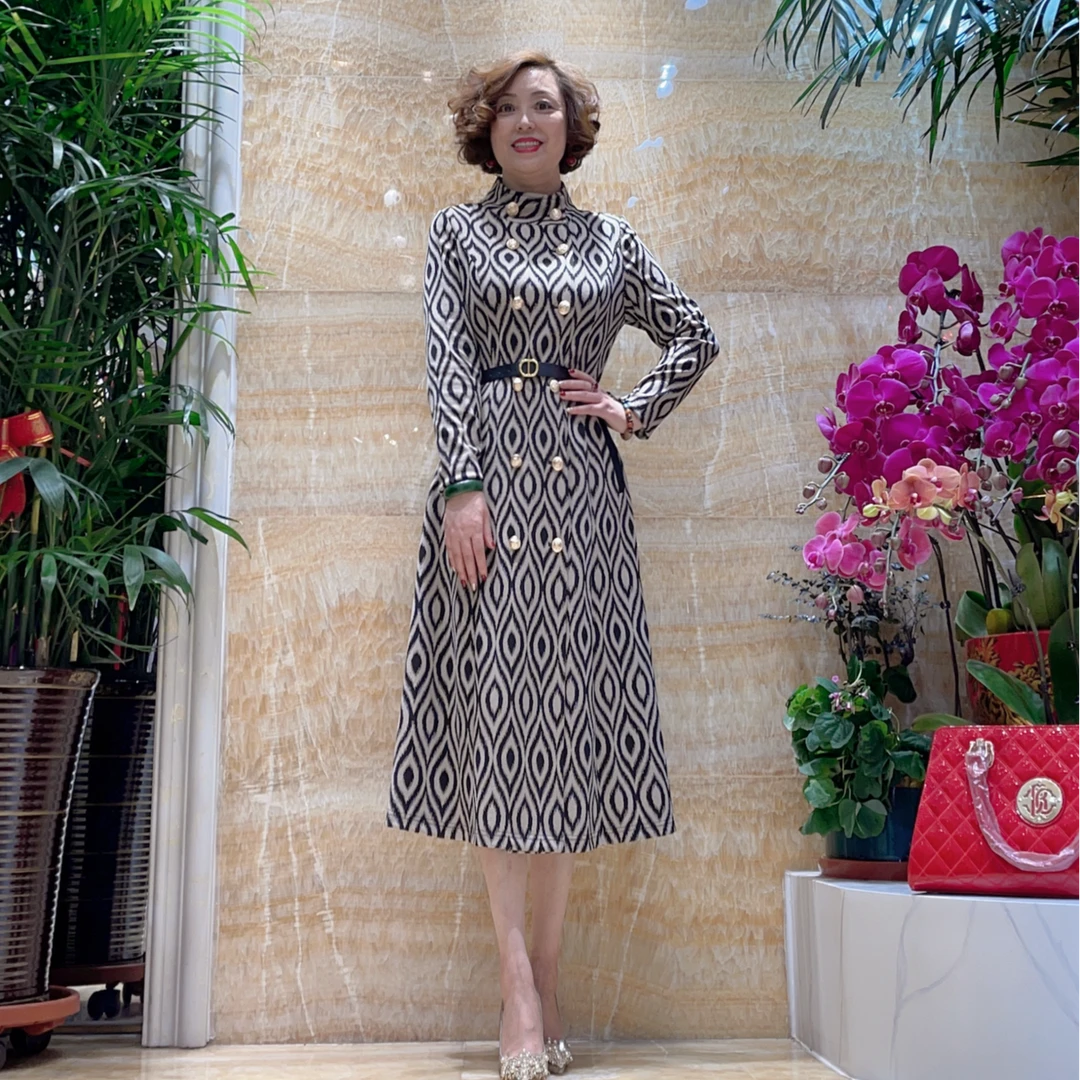 轻奢气质千鸟格风衣式女装连衣裙050中长款时尚长袖显瘦收腰修身