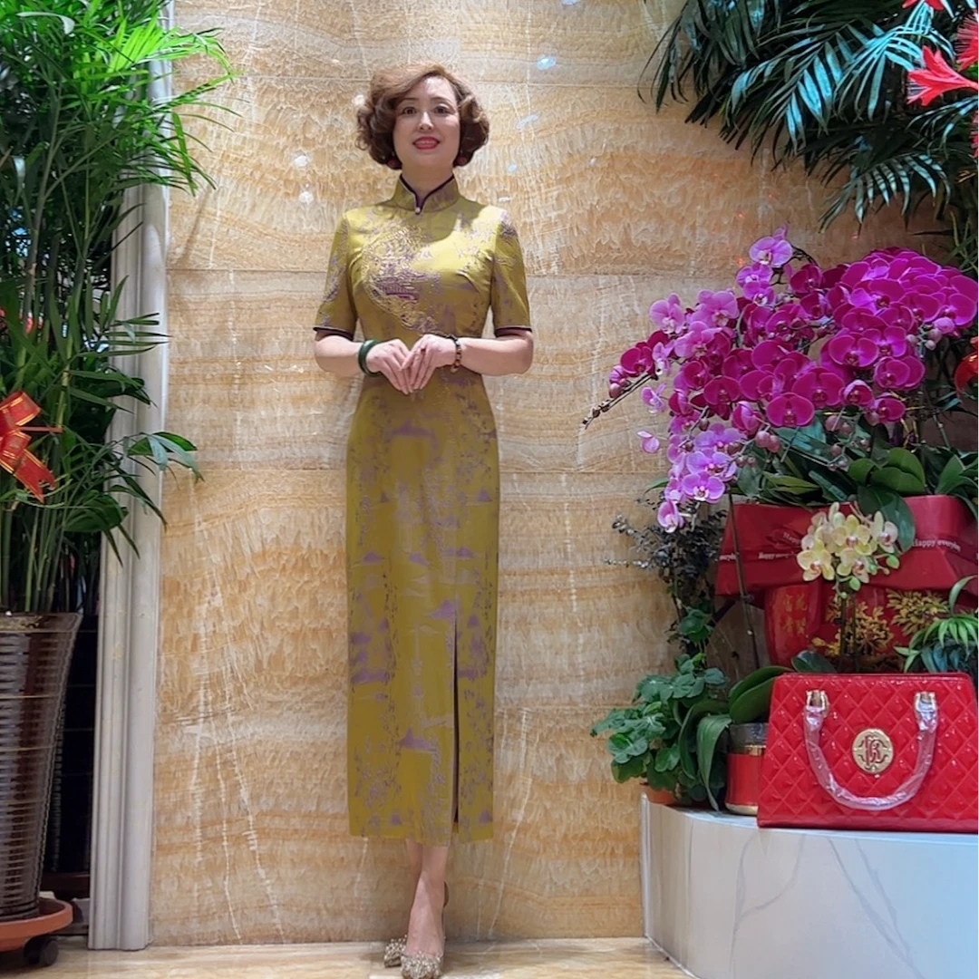 朱紫瑜17783中国风旗袍优雅时尚气质复古修身显瘦中袖中长款走秀