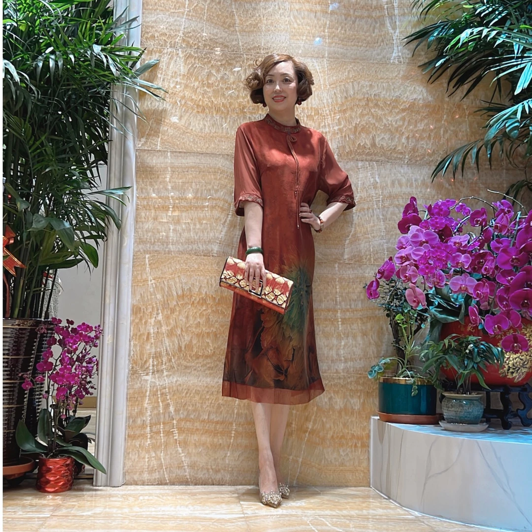 花罗香云纱A15822富贵牡丹中国风旗袍裙气质优雅新中式立领中长款