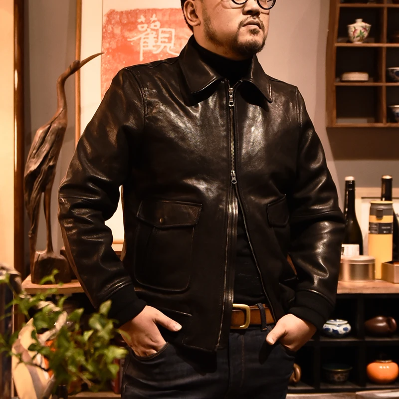 虎丁真皮 头层山羊皮1966男士休闲时尚 修身经典翻领 春秋通用