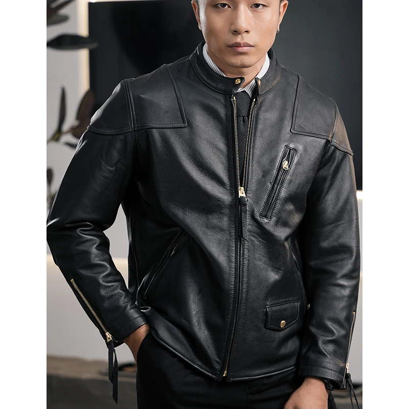 虎丁真皮 立领头层小牛皮美式皮衣男士机车夹克352真皮皮衣外套男