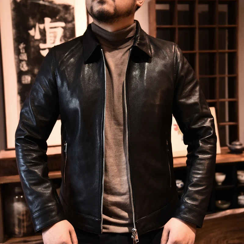头层山羊皮PKS5019男士翻领修身百搭时尚秋冬商务皮夹克
