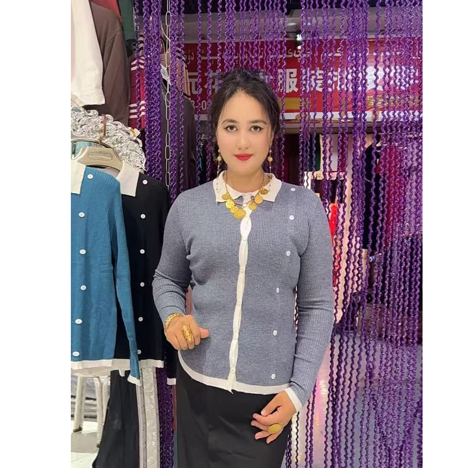 2024春秋装新款长袖假两件套V领针织衫上衣女洋气外穿软糯毛衣女