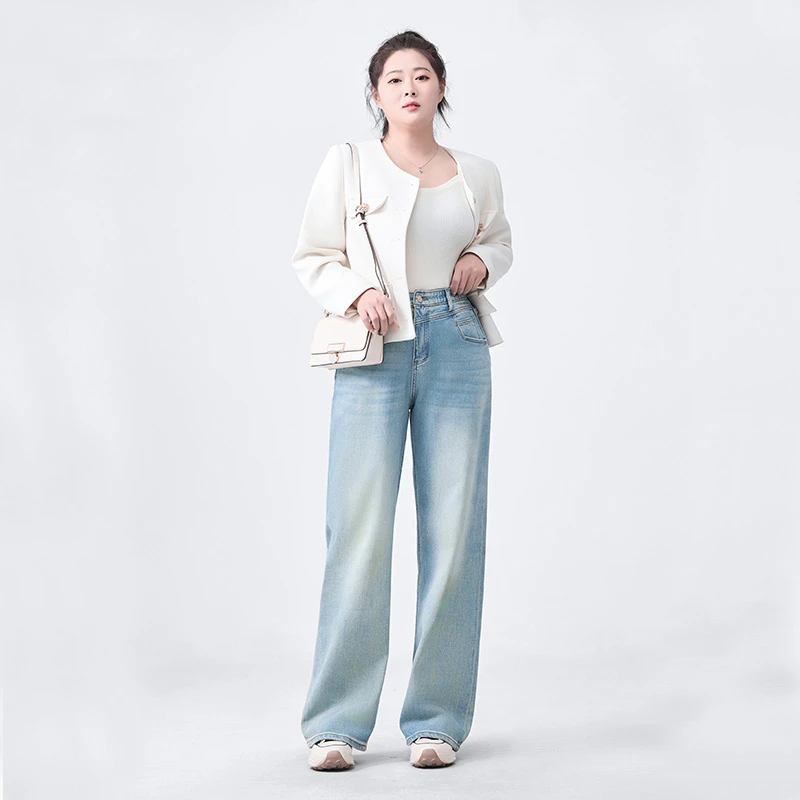 迅町微胖梨型大码女装直筒阔腿宽松拖地牛仔裤弹力早秋新款