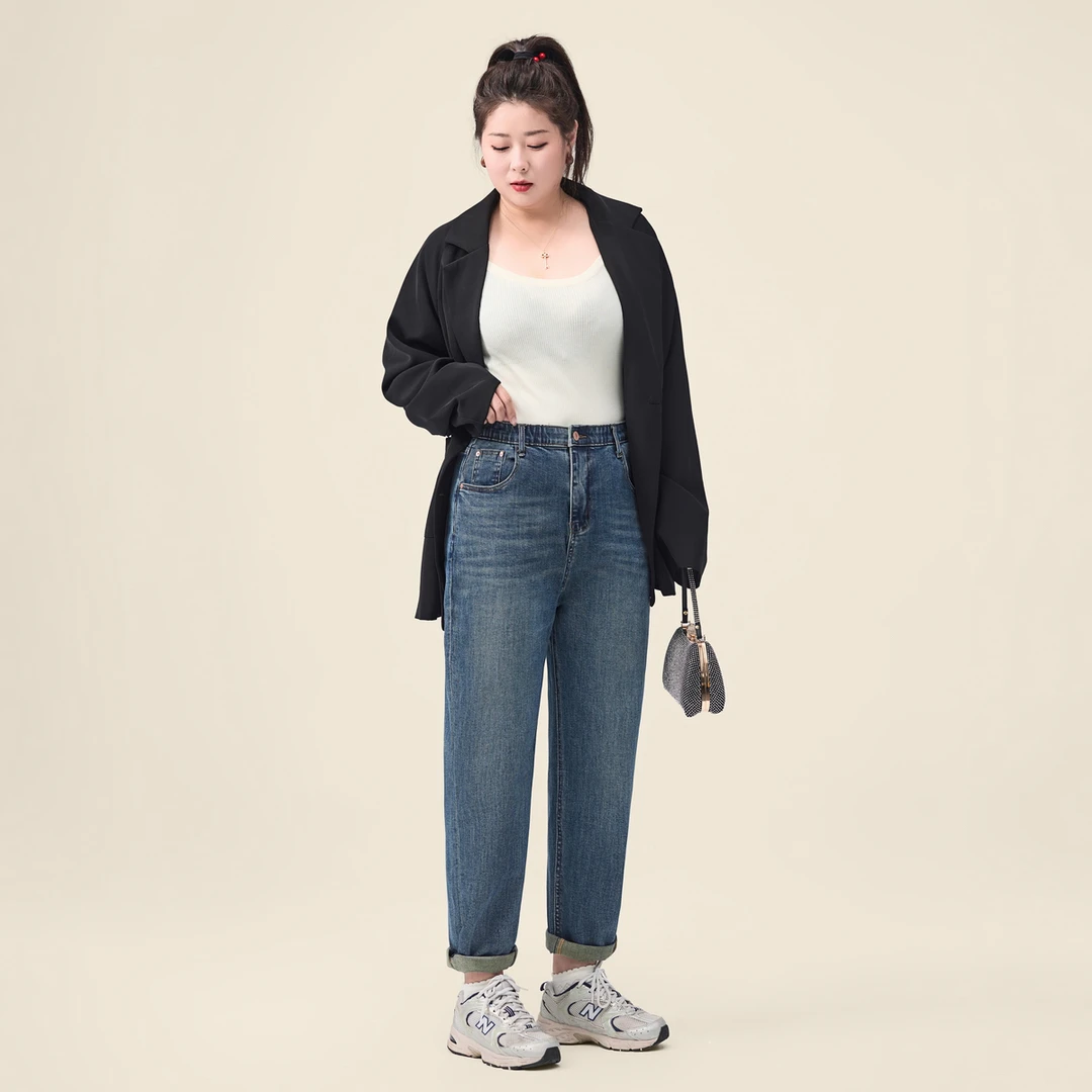 微胖梨型苹果型大码女装弹力哈伦裤牛仔老爹裤2025春季新款
