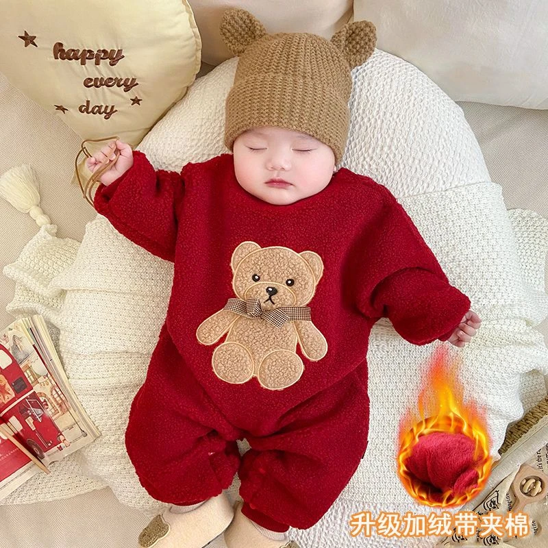 宝宝超萌外出哈衣冬款夹棉婴儿加绒连体衣红色周岁
