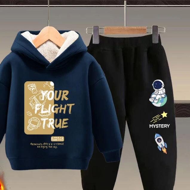 儿童衣服冬加绒套装童装男童休闲运动连帽加厚卫衣中小童男孩宝宝