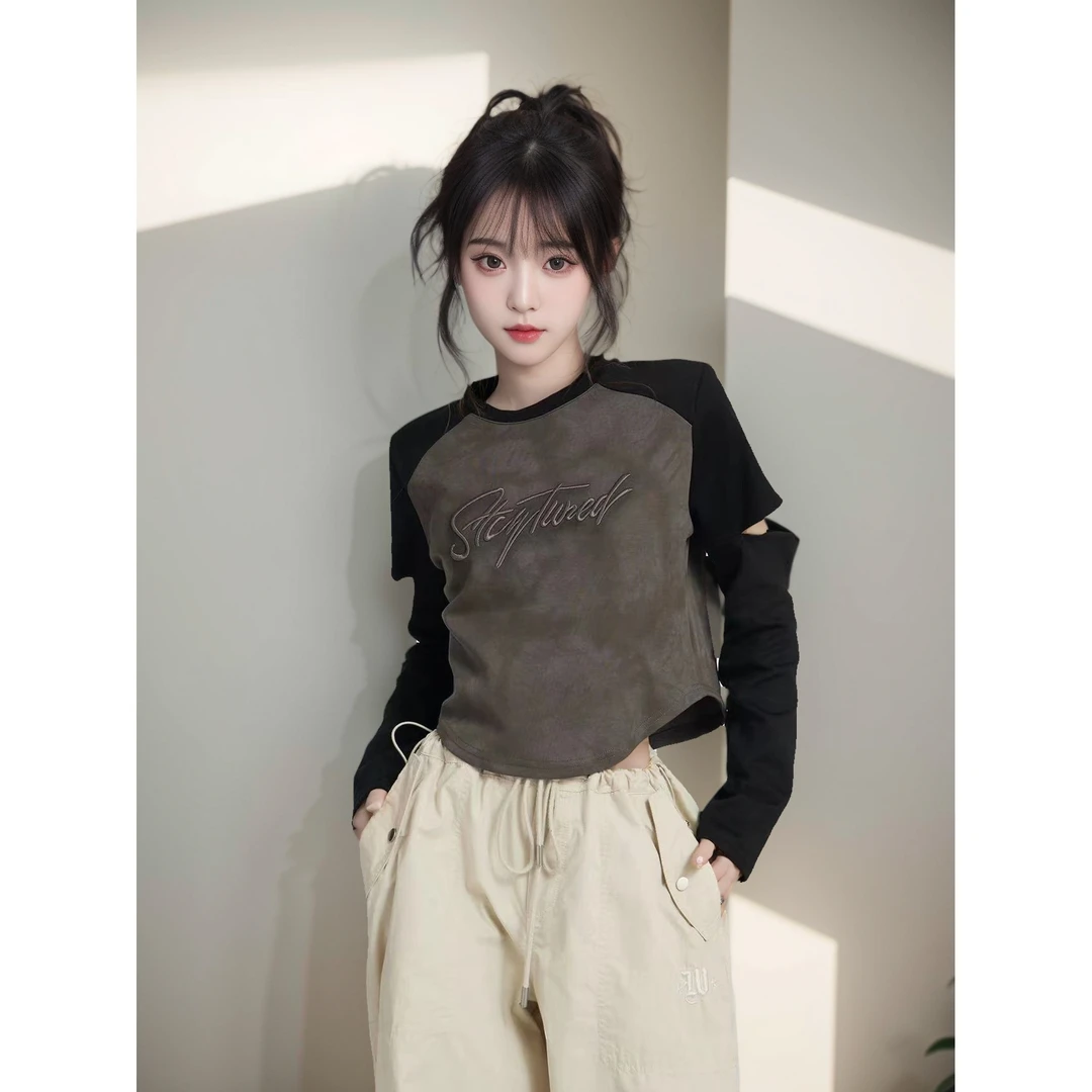 大宝家插肩长袖t恤女春秋镂空设计感小众辣妹修身短款上衣5094