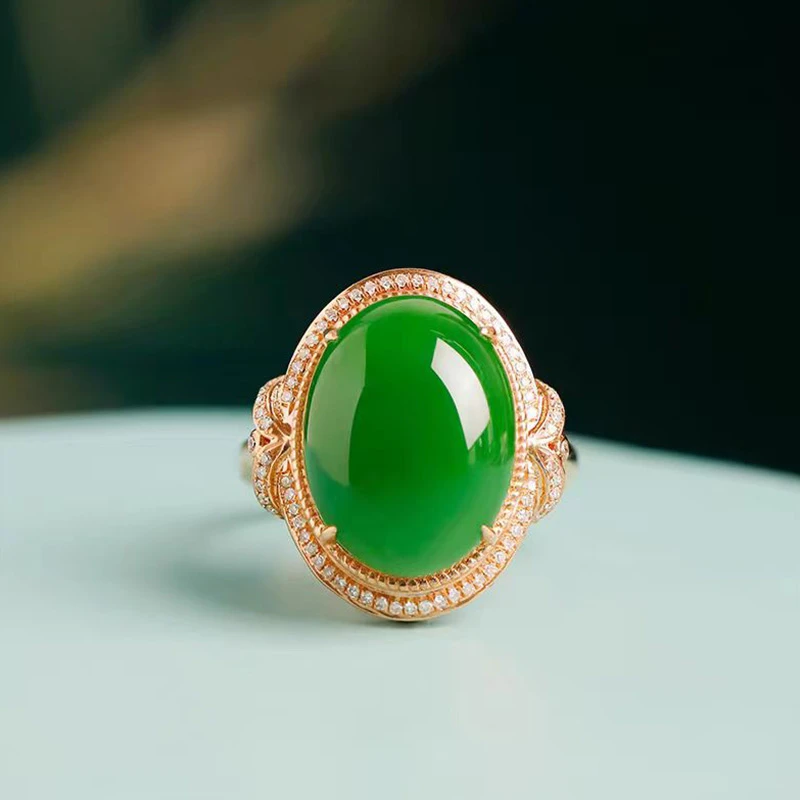 天然和田玉碧玉戒指18k金镶嵌女款戒圈保真玉石手饰送母亲礼物款
