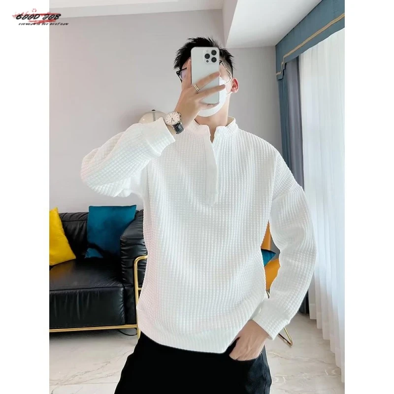 2023帅气修身高级感文艺立领卫衣春秋季ins潮牌华夫格休闲上衣