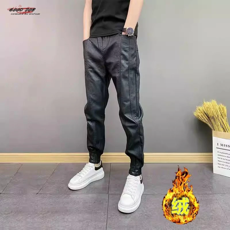 秋冬季加绒保暖外卖骑手机车防风皮裤男纯黑色小脚加厚休闲长裤子