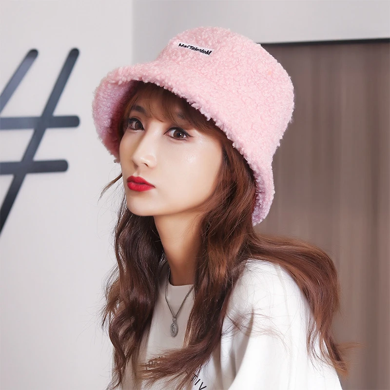 冬天帽子女生日系文艺小清新渔夫帽休闲百搭潮流刺绣羊羔毛秋盆帽