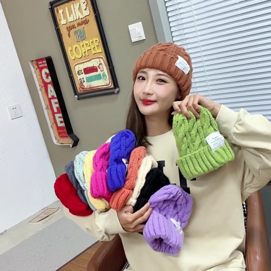 冬天毛线帽毛绒帽子麻花纹贴布情侣毛线帽女生时尚保暖韩版针织帽