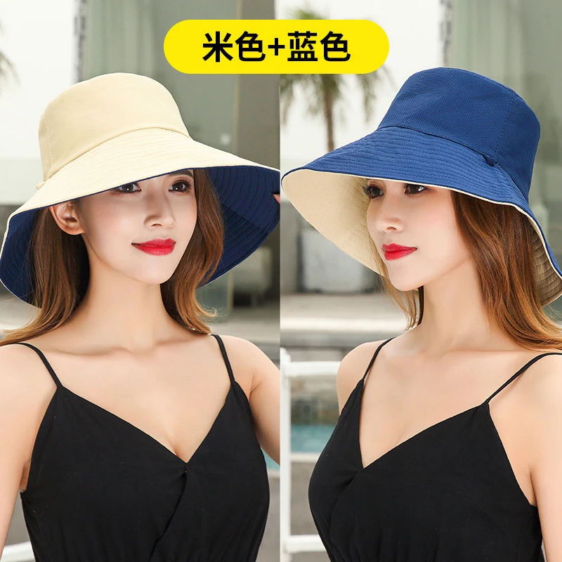 夏季女士韩版双面渔夫帽透气大檐帽子户外防晒遮阳帽防晒绳盆帽子