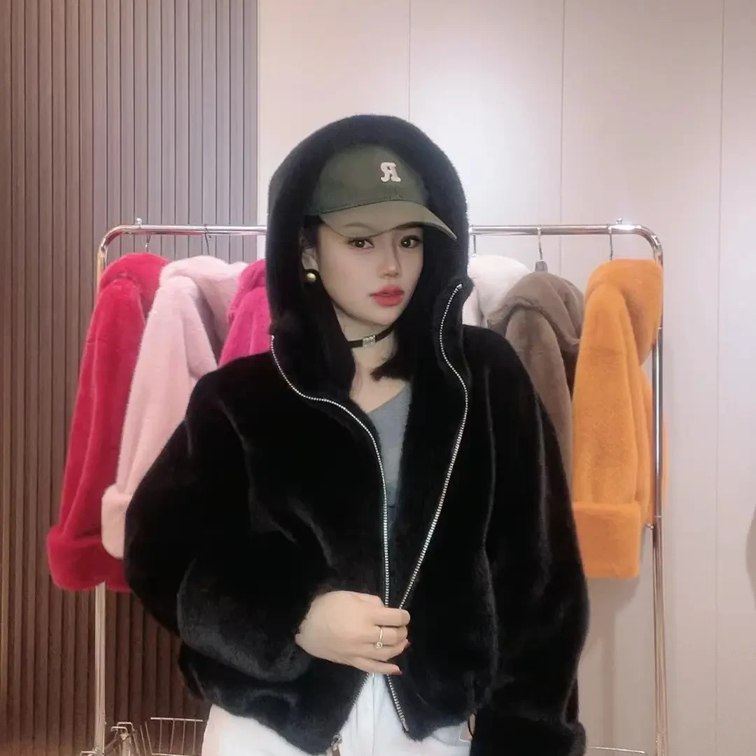 【HS】秋冬休闲时尚风雪连帽短毛毛外套’保暖性强‘宽松百搭拉链款