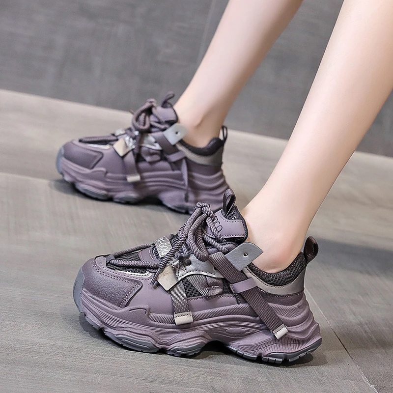 爆款真皮网面老爹鞋女2024新款春秋透气百搭厚底增高休闲运动鞋子