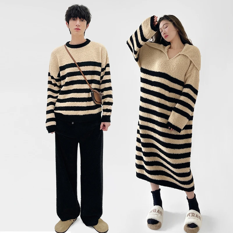 冬季情侣睡衣半边绒加厚保暖简约可外穿男士家居服套装冬款睡裙女