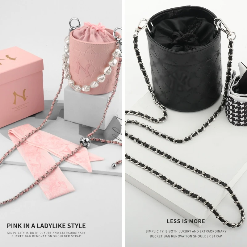 适用千金粉水桶包斜挎珍珠链条改造黑色香水包斜跨粉色包外搭配件