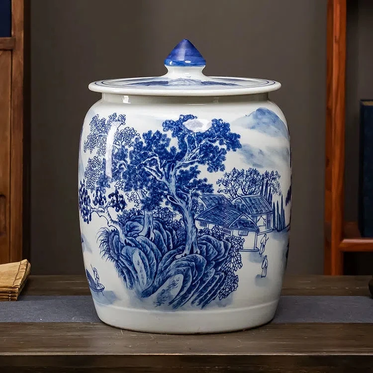 景德镇陶瓷青花带盖防虫防防潮米缸抽水缸面面粉缸家用储物罐米桶