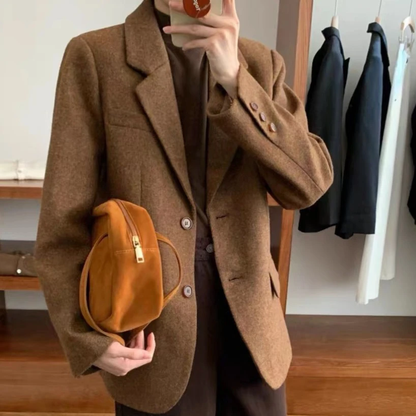 线下499！A1199韩系复古毛呢西装外套2023秋冬新款宽松显瘦羊毛女