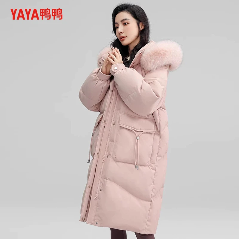 鸭鸭90绒户外露营羽绒服女士冬季长款撞色保暖鸭绒YE3B633683X