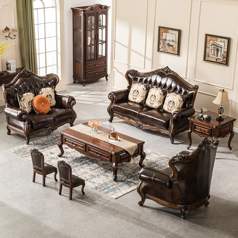 美式复古实木雕花沙发组合全屋定制真皮牛皮沙发客厅高端欧式家具