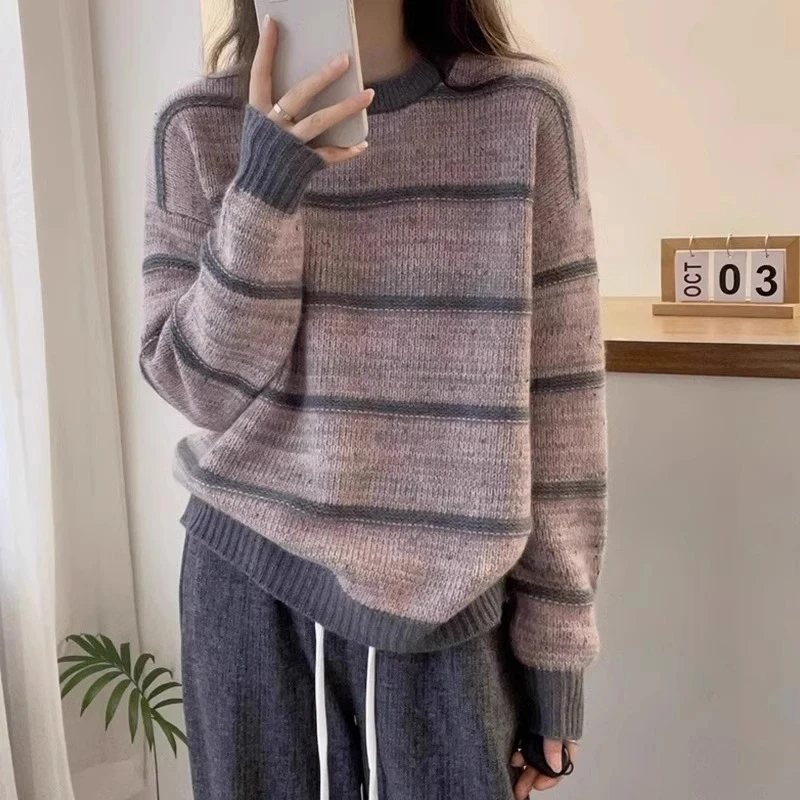 胖mm复古减龄条纹针织衫女秋冬新款大码显瘦慵懒风软糯毛衣打底衫