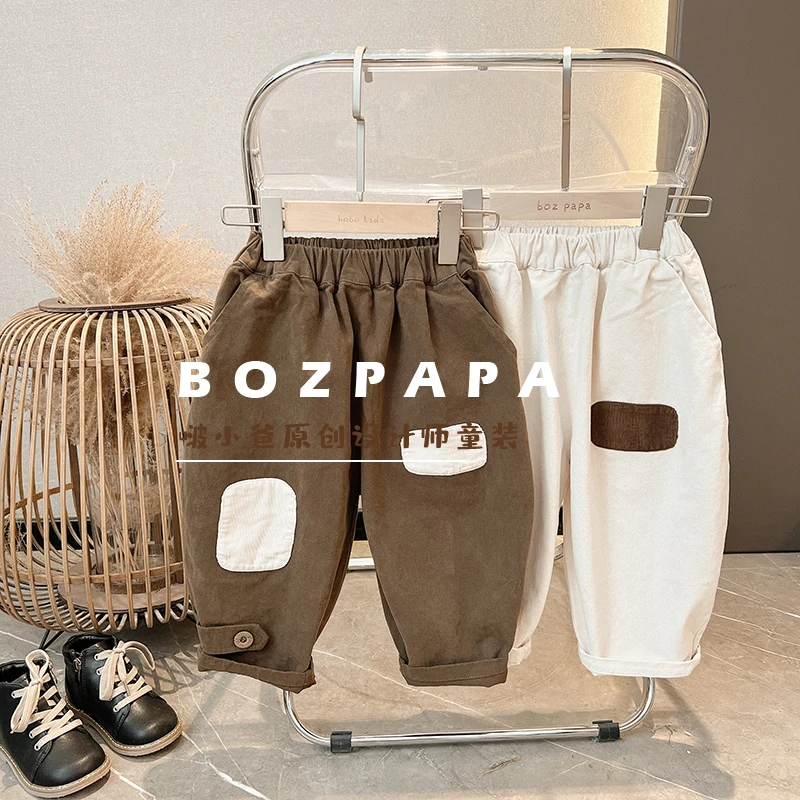 BOZPAPA韩系宽松补丁男童休闲裤2022秋新款宝宝宽松长裤