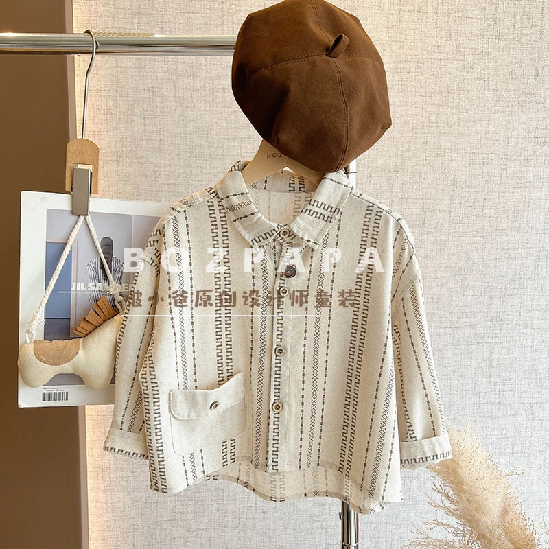 现货【花印】韩版衬衫男女儿童外套2024新款百搭秋款气质男宝宝上衣