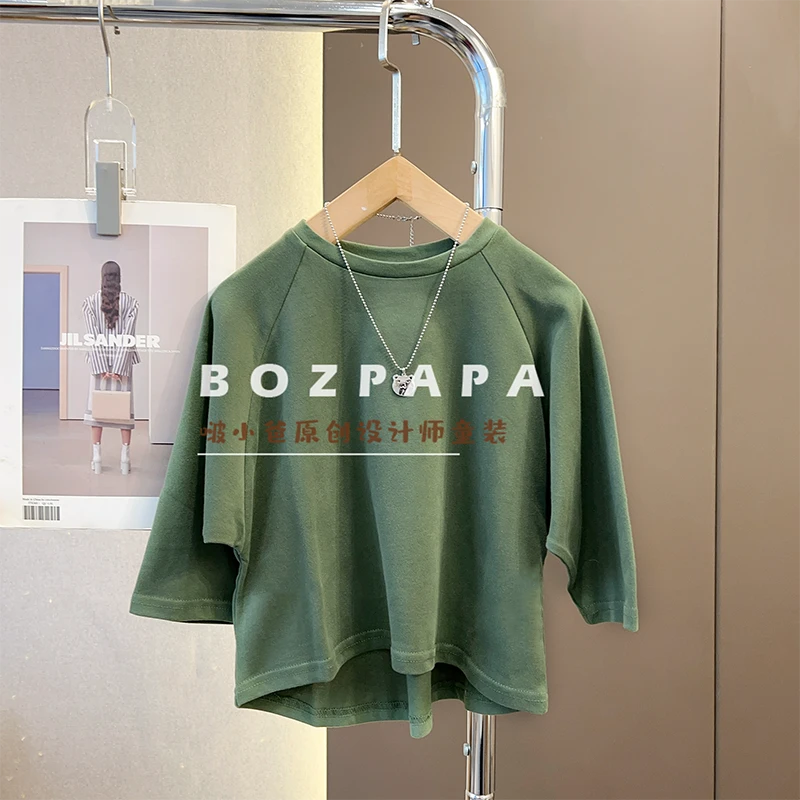 【绿色内搭】24春秋男童韩版宽松纯色棉t长袖绿色圆领打底上衣