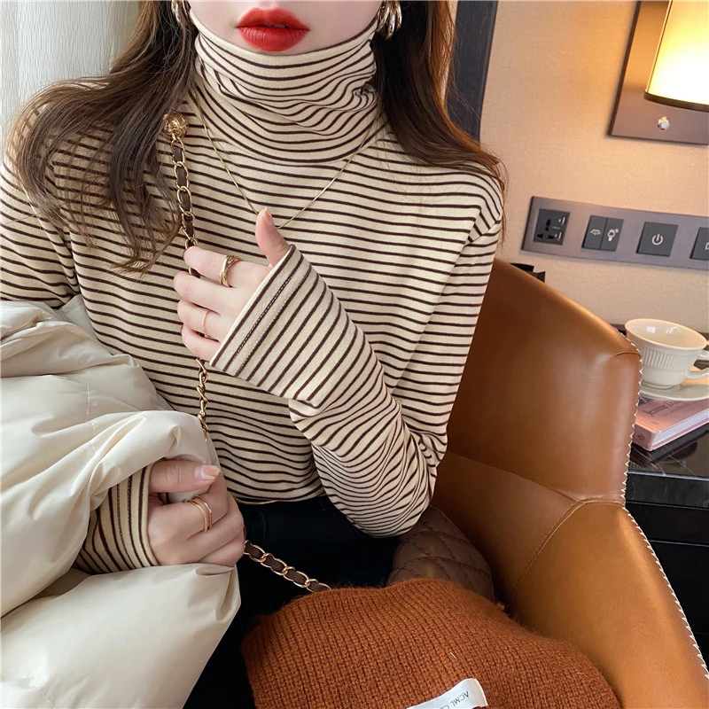 条纹堆堆高领德绒打底衫女款内搭秋冬衣外穿长袖百搭上衣小个子