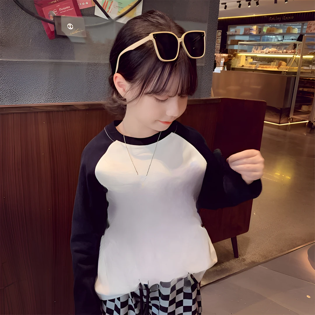 男女童纯棉打底衫长袖T恤秋季撞色拼接洋气儿童装中大童女孩上衣