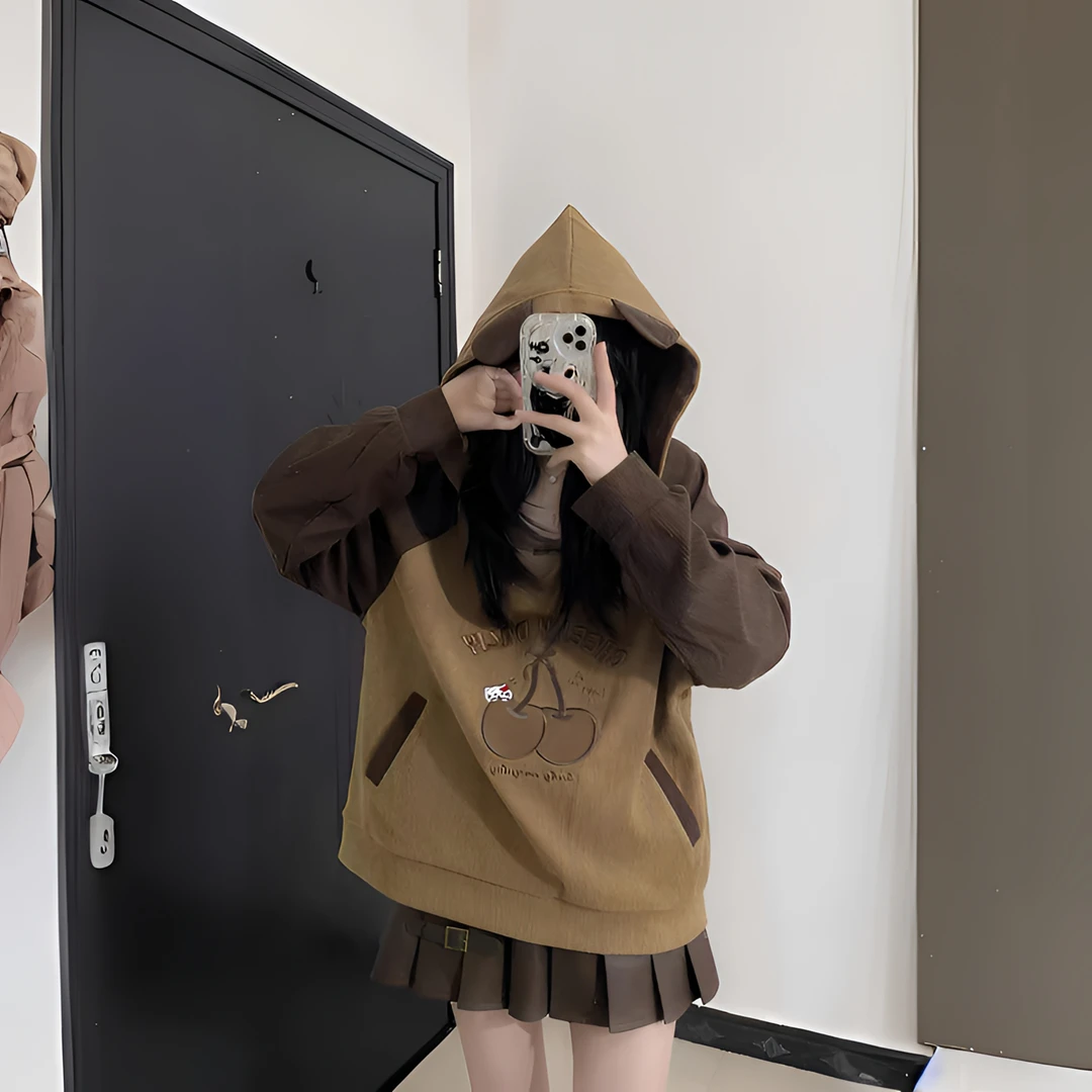 灯芯绒连帽V领卫衣女装秋冬季外套宽松大码胖mm妹两件装上衣潮牌