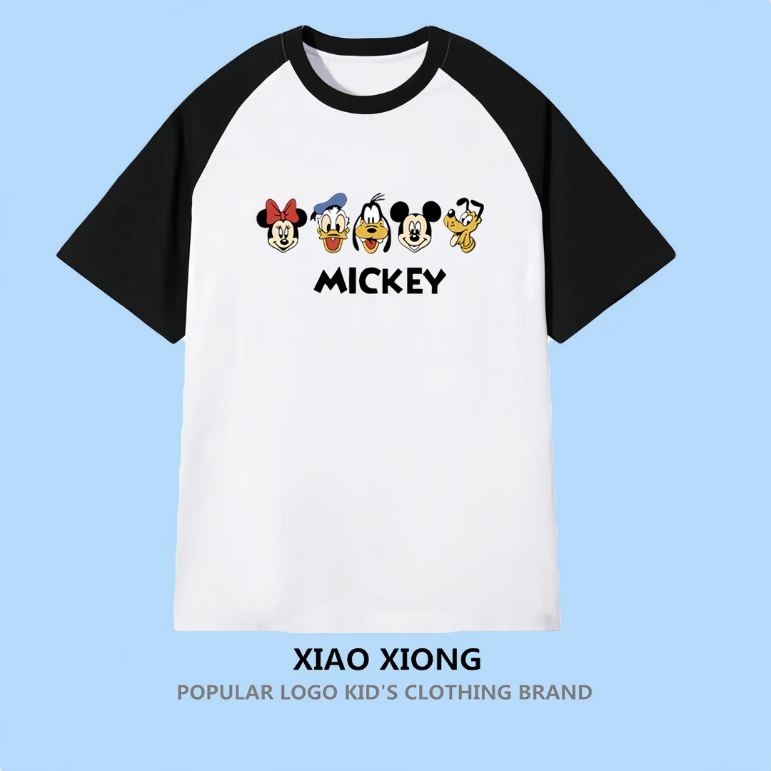 100%纯棉儿童短袖T恤男童上衣女童T夏季米奇宝宝撞色宽松洋气半袖
