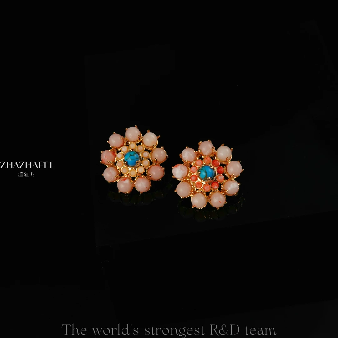 铜合金耳饰 溯源好物（精工系列）复古镶嵌花朵耳饰~1590