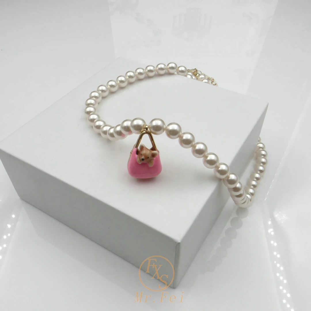 铜合金项链 圣诞礼物粉色可爱书包狗狗珠珠项链~8377（链长40+5 ）