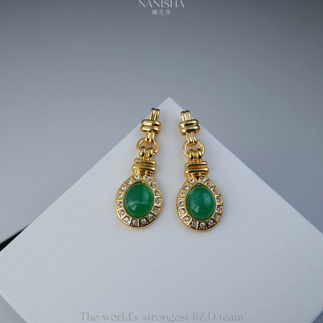 铜合金耳饰 溯源好物vintage中古（精工系列）满镶绿色耳饰~5501